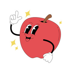 Groovy cartoon apple fruit character in retro 80s style for school and education illustration