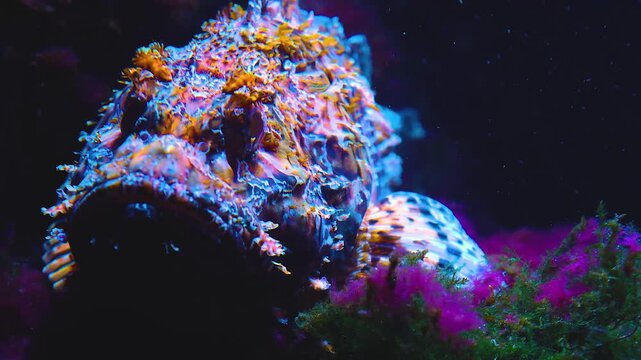 Close up of a stone fish resting beside  a reef underwater