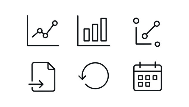 vector outline icons weekly report automation (dash snapshot): chart line bar graph data point export icon refresh arrow schedule icon.