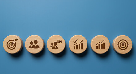 Data management system icon on wooden block to make report operations, sales, marketing, KPI, business performance indicators with KPI, metrics connected to database. finance, 