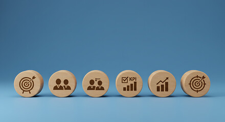 Data management system icon on wooden block to make report operations, sales, marketing, KPI, business performance indicators with KPI, metrics connected to database. finance, 