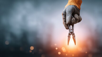 Hand Holding Pliers with Blur Background and Warm Light Effect