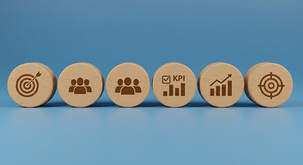 Data management system icon on wooden block to make report operations, sales, marketing, KPI, business performance indicators with KPI, metrics connected to database. finance, 