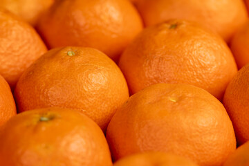 Unpeeled orange tangerines stacked together, a large number of ripe orange tangerines on the table