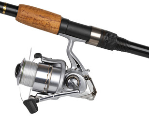  Classic Fishing Rod with Wooden Handle and Metal Reel, Angled Side View, Transparent Background