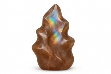Polished aragonite crystal exhibiting iridescent reflections, revealing intricate mineral structure against transparent backdrop