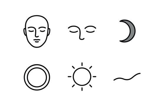vector outline icons calm resolve (steady gaze): face outline serene eyes shadow smear highlight rim soft glow line curve.