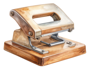 Artistic Watercolor Illustration of Vintage Manual Hole Punch with Wooden Base, Transparent Background