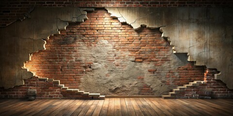 Rustic interior scene featuring a damaged brick wall with exposed brickwork and a wooden floor, illuminated by a spotlight.