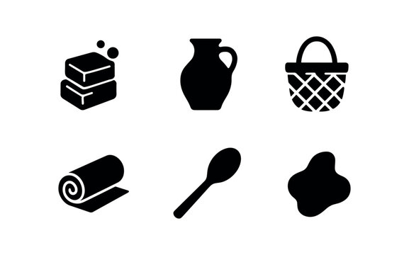 vector solid black filled icons spring market (artisan goods): soap bars pottery jug woven basket fabric roll wood spoon shadow smear.