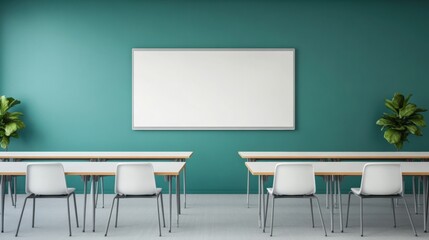 Fototapeta premium Empty classroom with whiteboard and desks is ready for a new learning day, fostering a modern and inspiring educational environment