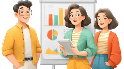a group of young professionals working together on a business presentation. A smiling man and two confident women stand in front of a flip chart showing bar graphs, pie charts, and line graphs. The te