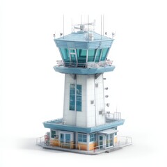 Modern Airport Air Traffic Control Tower Building Isolated on White Background 3D Render