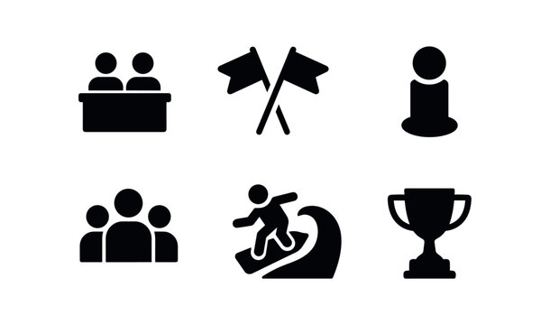 vector solid black filled icons bodyboarding (competition): judges flags markers crowd tricks trophies.