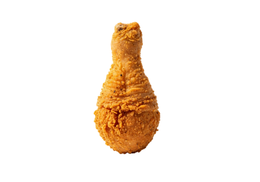 Close-up of a crispy, golden-brown fried chicken drumstick against a pure black background.