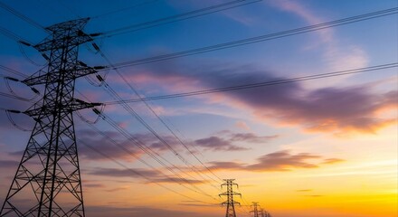High Voltage Power Lines at Sunset | Electrical Transmission Tower Silhouettes Against Colorful Sky for Energy and Infrastructure Marketing