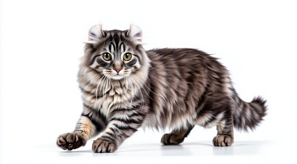 Playful American Curl Cat Walking on White Background