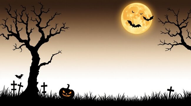 Spooky halloween night with jack o lantern and bats. Holiday event halloween banner background concept