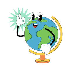 Groovy cartoon globe character in retro 80s style for school and education illustration