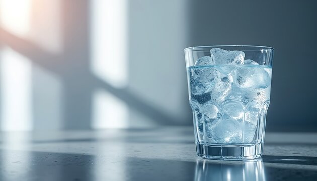 A crystal-clear drinking glass filled with ice cubes and water rests on a reflective surface. Soft natural light streams through a window, casting shadows and creating a cool, refreshing ambiance.