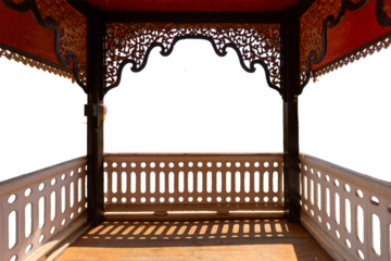 Vintage wooden house balcony on white background