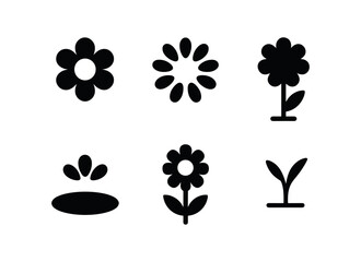 vector solid black filled icons flower season (daisy patch): daisy head petal ring stem line shadow smear highlight rim ground sprig.
