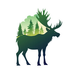 Minimalist moose silhouette with forest landscape