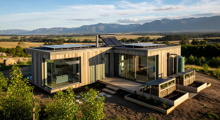 A modern, minimalist modular home built with sustainable materials. Visible rainwater harvesting systems, rooftop solar panels, and an integrated composting area.