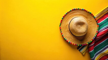 A vibrant summer straw hat with colorful trim and a striped textile on a sunny yellow background