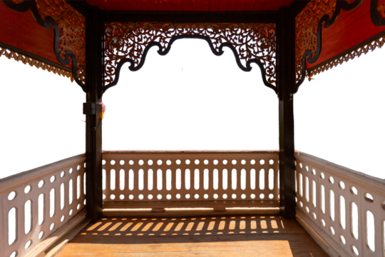 Vintage wooden house balcony on white background