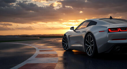 Fototapeta premium Luxury Sports Car on Race Track at Sunset Dramatic Lighting Fast Speed Powerful Engine Race Car Driving Competition Automotive