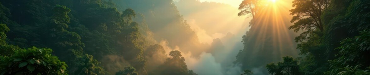 Fototapeta premium Sunbeams dance through the misty veil of a dense rainforest, droplets, atmospheric