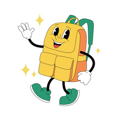 Groovy cartoon backpack character in retro 80s style for school and education illustration