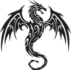 Fototapeta premium Black tribal dragon with spread wings and swirling body tattoo fantasy