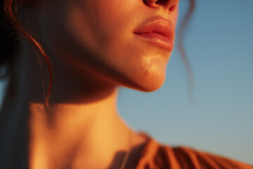 Fototapeta premium Close up of young woman lower face and neck glowing warmly in natural sunlight with smooth skin and soft lips against clear blue sky background