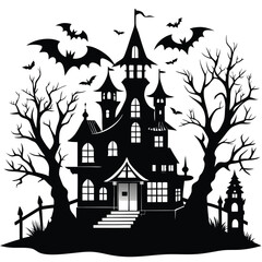Halloween Spooky Mansion with Bats, Trees, and Picket Fence Silhouette Illustration