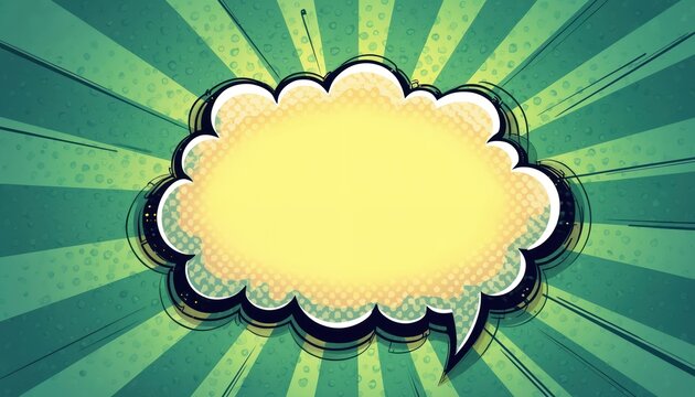 Comic style speech bubble with halftone dots, sunburst rays. Green, yellow color palette creates retro pop art feel, perfect for banners or graphic design elements. Blank space allows for custom text. - Powered by Adobe