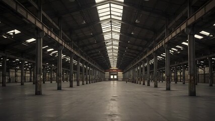 Dramatic perspective of a vast, empty industrial warehouse interior with strong architectural lines - Powered by Adobe