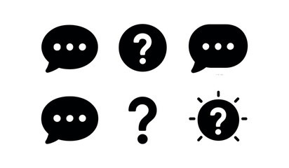 vector solid black filled icons hesitation (question bubble): bubble outline question mark three dots shadow smear highlight rim light glow.