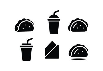 vector solid black filled icons fast food combo (taco and drink): taco shell drink cup straw tip napkin fold shadow smear highlight rim.