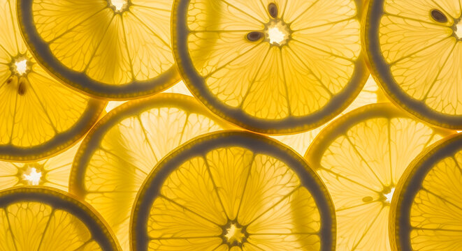 Vibrant yellow lemon slices backlit background perfect for summer drinks recipes and healthy food blogs website design refreshing citrus fruit image