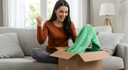 Excited woman unpacking online order happy customer satisfaction home delivery package unboxing green sweater shopping retail ecommerce joy happiness surprise
