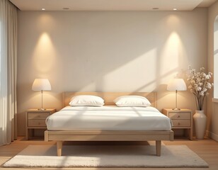 Modern bedroom with a comfortable wooden bed. Warm lighting from bedside lamps and wall sconces creates a relaxing atmosphere. Clean, minimalist design with neutral colors for a serene home interior.