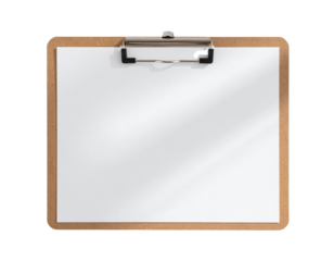 Angled Wooden Clipboard with Empty Paper Sheet Isolated on White