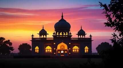 Illuminated Temple Domes at Sunset &ndash; Serene Architectural Landscape