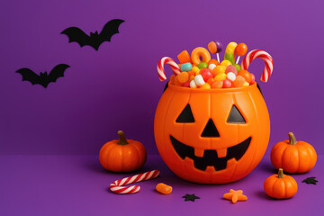 Halloween pumpkin bucket filled with colorful candy and small pumpkins on purple background