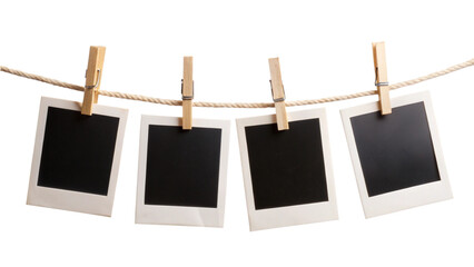 Four Blank Instant Photo Frames Hanging on a Rope – Isolated PNG Clipart on Transparent Background
