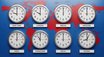 World time zone clocks on world map background