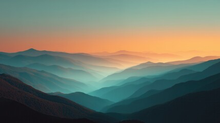 Breathtaking layered mountain landscape under warm sunset sky.