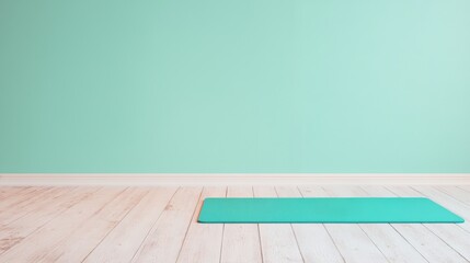 Light wooden floor and plain green wall in empty room with yoga mat suggesting beginning of workout